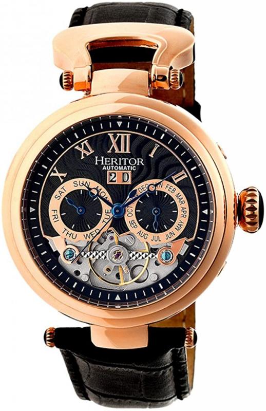 Heritor Automatic Ganzi Semi-Skeleton Leather-Band Watch - Rose Gold/Black