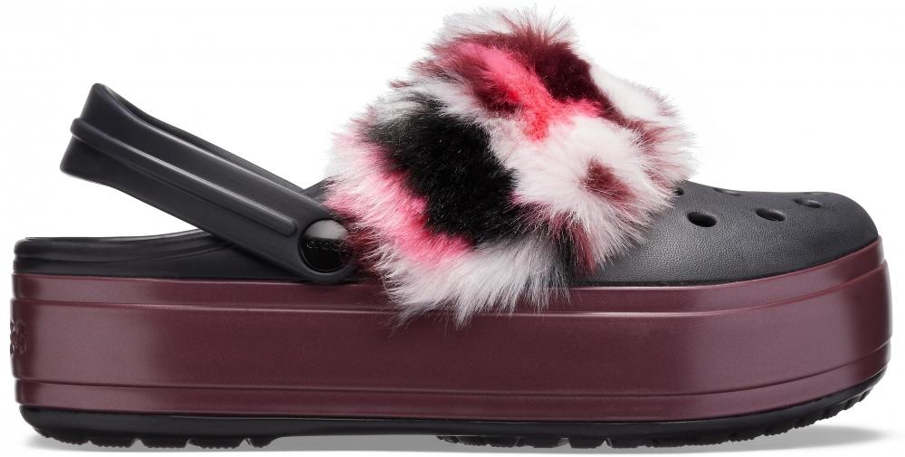 burgundy fur crocs